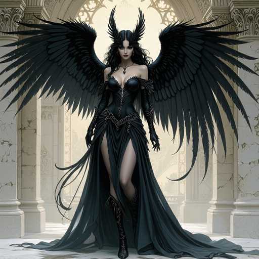 The image depicts a striking, AI-generated fantasy character of a woman with large, black wings spread wide behind her. She stands in a grand, ornate hall with marble columns and intricate carvings, bathed in sunlight streaming through a large window. The woman has long, dark hair cascading over her shoulders and wears an elaborate black dress that combines elements of a corset and a gown. The dress features a high slit revealing her leg, and it flows elegantly around her feet. She has black gloves extending to her elbows and a necklace adorning her neck. Her face is pale with dark red lips, and she wears a distinctive headpiece that resembles a pair of antlers or feathers. The overall scene is highly detailed and realistic, showcasing the character's imposing presence and the majestic architecture surrounding her.