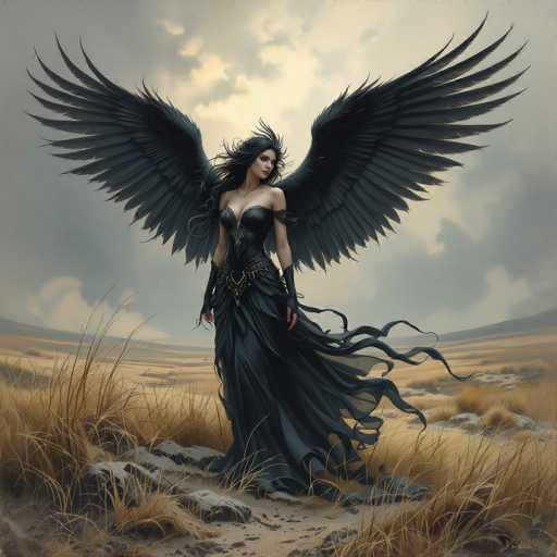 In this captivating image, a woman stands gracefully in a vast, open field. She is adorned in a striking black dress that features a unique design: the top part is sleeveless, while the bottom part extends into a long, flowing skirt that billows elegantly in the wind. The dress is accentuated with a black belt that cinches her waist, adding to her poised appearance. Her long, flowing black hair cascades down her back, complementing her large, majestic black wings that spread wide behind her. She gazes contemplatively to the right, her expression serene and composed. The field around her is a mix of brown grass and patches of gray dirt, creating a stark contrast to her dark attire. Above, the sky is a blend of gray and white, with clouds that add a touch of drama to the scene. The overall composition exudes a sense of otherworldly beauty and tranquility.