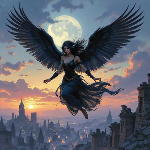 In this captivating fantasy illustration, a striking female angel with large, dark gray wings soars gracefully above a medieval cityscape. She is adorned in a flowing, dark blue dress that billows around her, complemented by a gold belt and matching wristbands. Her long, dark hair streams behind her, adding to the sense of motion as she flies. The city below is a marvel of ancient architecture, with numerous spires and towers illuminated by countless lights, creating a warm, golden glow against the twilight sky. The scene is set at dusk, with the sun setting on the horizon and a full moon rising in the sky, casting a silvery light over the landscape. The angel appears to be flying towards the viewer, her arms outstretched, embodying a sense of serenity and majesty as she gazes down upon the city she protects.