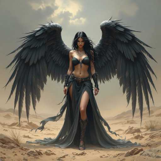 The image depicts a striking, computer-generated scene of a woman standing in a vast desert. She has long, dark hair cascading down her shoulders and is adorned with large, black wings that extend majestically from her back. Her attire is a blend of ancient and warrior-like elements: she wears a black bra and a flowing black skirt that reaches the ground, complemented by a black belt with intricate gold accents. Her ensemble is completed with black boots that lace up to her knees and black wristbands. The woman's expression is serious, and she gazes directly at the viewer. The background features a cloudy sky with a hint of sunlight breaking through, casting a dramatic light over the scene. The desert floor is a mix of sand and scattered rocks, with sparse patches of grass, enhancing the arid and rugged atmosphere.