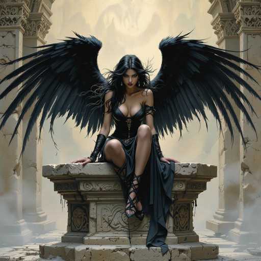 The image depicts a striking scene of a woman with black wings, seated on a stone pedestal. She is adorned in a black dress that accentuates her figure, with a skirt that extends to the right side of the image. Her footwear consists of black sandals with straps that wrap around her legs. The woman's long, flowing black hair cascades down her back, and she has a serious expression on her face. Her wings are spread wide, with feathers that resemble the shape of a peacock's tail, adding an ethereal quality to her appearance. The background features a misty atmosphere, with stone columns on both the left and right sides, enhancing the mystical ambiance of the scene.