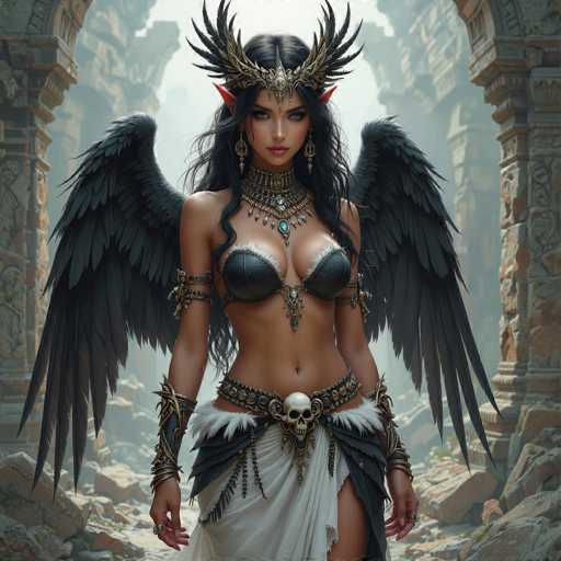 This image depicts a striking, AI-generated fantasy character of a woman with dark, wavy hair and pointed ears, suggesting an elven or angelic nature. She is adorned with a grand, golden crown featuring a prominent blue jewel at its center, and her ears are similarly pointed and blue. Her attire includes a black bra with white fur trim, complemented by a matching black skirt with white fur accents. A belt with a skull buckle cinches her waist, and she wears intricate gold jewelry, including a necklace with a blue gem and dangling earrings. Her arms are adorned with golden bracelets, and she has large, black wings extending from her back. The background reveals a grand, ancient stone structure with columns and a white sky, enhancing the ethereal and majestic aura of the scene.