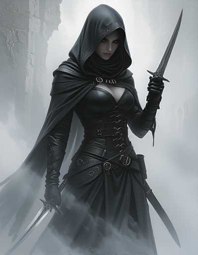 This image depicts a striking female assassin, exuding an aura of danger and allure. She is adorned in a sleek black leather bodysuit, intricately laced up the front, complemented by a flowing black cloak that drapes elegantly around her. Her attire is accentuated with multiple belts, adding to her formidable appearance. She wields two swords, one in each hand, with the handles firmly gripped and the blades pointed upwards, ready for action. Her face is partially obscured by a hood, revealing only her intense, piercing gaze. The background is shrouded in a misty fog, with indistinct stone structures barely visible, enhancing the mysterious and ominous atmosphere. The image is rendered in a monochromatic palette of blacks, whites, and grays, with subtle hints of red on her lips, adding a touch of color to the otherwise grayscale scene.