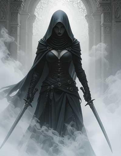 The image depicts a woman dressed in a black robe and hooded cape standing in front of an archway with a large window through which smoke is billowing out. The woman holds two swords in her hands, one on each side of the frame.