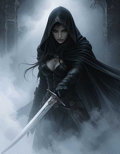 The image depicts a striking female character, possibly from a video game or a fantasy setting, rendered in a detailed, computer-generated style. She stands in a misty, stone-walled environment, shrouded in fog that adds to the mysterious atmosphere. Her attire is entirely black, consisting of a form-fitting bodysuit, gloves, and a flowing cape that billows behind her. She wears a hood adorned with intricate silver designs, partially revealing her long, dark hair. Her eyes are heavily lined with black eyeliner, and she has dark red lips, giving her a menacing, almost seductive expression. Around her waist, she has a belt with multiple straps, and she holds a long, ornate silver sword in her right hand, which is pointed downward. The overall scene is dark and smoky, enhancing the character's enigmatic and powerful presence.