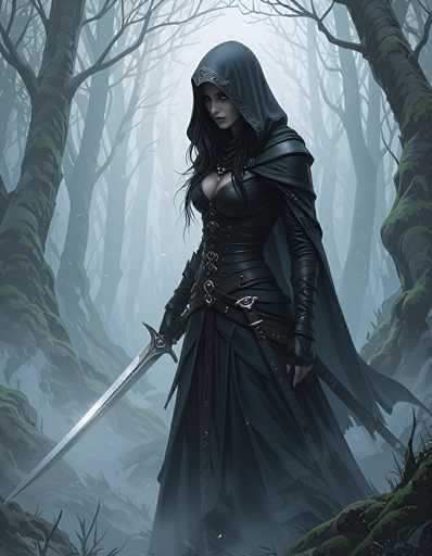 The image depicts a striking, computer-generated female warrior standing in a dense, foggy forest. She is dressed in an elaborate black leather outfit, complete with a hood that drapes over her head and cascades down her back. Her attire includes a form-fitting breastplate, a corset-like midsection, and a long skirt that reaches the ground. The outfit is adorned with numerous straps and buckles, adding to its intricate design. She wears black leather gloves that extend up to her elbows, and a necklace with a prominent pendant rests around her neck.

In her right hand, she wields a long, silver sword, while a second sword is sheathed at her left side. Her long, dark hair flows beneath the hood, and she gazes directly at the viewer with a serious expression. The forest around her is filled with tall, leafless trees, their branches bare and covered in patches of moss. The ground is littered with rocks and grass, and the air is thick with fog, creating an eerie and mysterious atmosphere. The overall color palette of the image is dominated by shades of black, gray, and green, enhancing the dark and enigmatic mood.