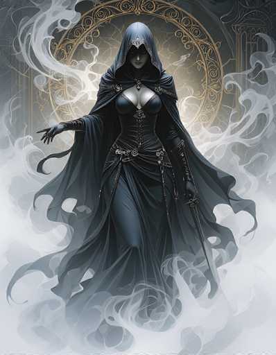 The image depicts a striking female character, possibly from a video game or a fantasy setting. She is adorned in a long, flowing black dress with intricate silver accents, including a corset-like top and a hood that drapes over her head. Her outfit is complemented by black gloves and a silver belt with chains hanging from it. The character's face is partially obscured by shadows, revealing only her nose, mouth, and chin, with a hint of white around her eyes. She has a fair complexion and is holding a long, silver sword in her left hand, while her right hand is extended outward with her index finger pointing. Surrounding her is a smoky, ethereal atmosphere that adds to her mysterious aura. Behind her, a golden circular emblem with intricate designs and a light source can be seen, set against a backdrop of gray walls and columns. The overall scene is dark and enigmatic, with the character appearing to float in the smoky environment.