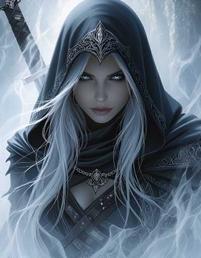 The image portrays a striking, computer-generated female character with long, flowing white hair and piercing blue eyes. She is adorned in a dark gray cloak that features intricate silver embroidery along the edges, and a matching silver necklace with a leaf-shaped pendant. Her attire includes a black top with crisscrossing straps, adding to her enigmatic appearance. The character's face is framed by a hood with a silver, crown-like emblem at the front, and she gazes directly at the viewer with a serious expression. A sword is visible behind her, hinting at her readiness for battle. The background is a blend of light blue and white hues, with wisps of smoke or fog swirling around her, enhancing the mystical and ethereal atmosphere of the scene.