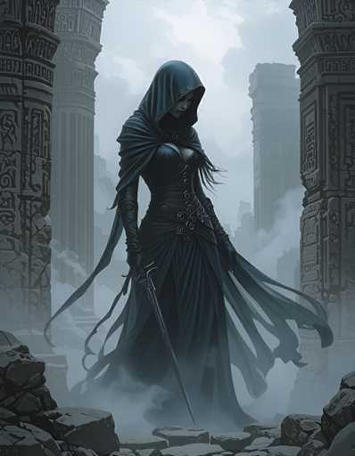 The image depicts a striking, computer-generated scene of a woman standing in the middle of a misty, ancient ruin. She is dressed in a long, flowing black gown with a hood that drapes over her head, revealing only her pale face and neck. The gown features a low-cut top, a corset-like bodice, and a skirt that splits at the waist, with fabric billowing out around her feet. She wears black gloves and holds a long sword in her right hand, which points downward. The woman's gaze is directed downward, adding to her enigmatic presence.

The setting is a dark, foggy area filled with tall, ornate stone columns that have intricate carvings and stand amidst scattered rocks and rubble. The columns, which are gray and black, rise from the ground and stretch upwards, partially obscured by the mist. In the background, a city skyline is faintly visible through the fog, adding depth to the scene. The overall color palette of the image is dominated by shades of black, gray, and white, enhancing the eerie and mysterious atmosphere.