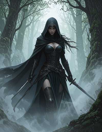 The image depicts a striking female warrior set against a dark, atmospheric forest backdrop. She is adorned in a black leather outfit, complete with a hood that drapes over her head, revealing only her face. Her attire includes a corset-like top, a long skirt, and knee-high boots. She wields two swords, one in each hand, and her long black hair flows behind her. The scene is shrouded in fog, with tall, dark trees and rocky terrain surrounding her, enhancing the mysterious and intense mood of the artwork.