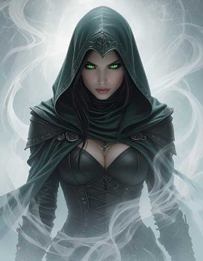The image depicts a striking female character, possibly from a video game or a fantasy setting. She is adorned in a dark green hooded cloak with intricate silver embroidery along the edges, which drapes over her shoulders and extends down to her waist. Beneath the cloak, she wears a form-fitting black leather corset with crisscrossing laces and a matching black leather bra. Her long, dark hair cascades down to her chest, framing her face. Her eyes are a mesmerizing bright green, and she has full lips painted in a subtle pink shade. The background is a light gray, accentuated by wisps of white smoke that swirl around her, adding to the mystical and enchanting atmosphere of the scene.