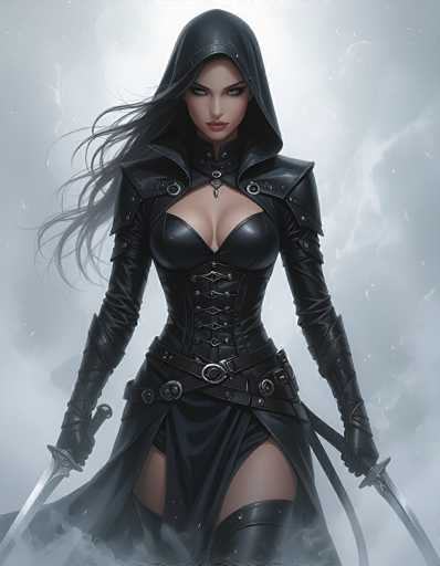 The image depicts a striking female character, possibly from a video game or an anime, set against a backdrop of swirling white and gray smoke. She has long, flowing black hair and piercing yellow eyes that gaze directly at the viewer. Her attire is a form-fitting, black leather ensemble that accentuates her curves, featuring a hood that drapes over her head. The outfit includes a corset-like top with straps, a belt with multiple buckles, and a skirt that reveals her thighs. She wears thigh-high black boots, and her forearms are clad in long black gloves. In each hand, she wields a sword, with the blades pointing downward. The overall scene is dynamic and intense, with the smoke adding a dramatic effect to the composition.