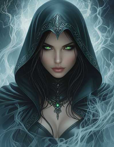The image depicts a woman with striking green eyes and long dark hair wearing a hooded cloak that is black with intricate designs on the hood. The background features a blend of blue and white colors, creating an ethereal atmosphere.