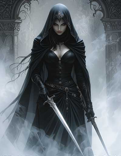 The image depicts a striking, computer-generated female character with a gothic aesthetic. She stands in the center of the frame, exuding an aura of mystery and power. Her attire is a form-fitting, black leather corset that accentuates her figure, paired with a flowing black cloak that billows around her. The cloak features intricate silver embroidery along the edges, adding a touch of elegance to her otherwise dark ensemble. She wears long black gloves that extend to her elbows, and a black skirt that completes her outfit.

Her face is pale, with dark, shadowy eyes that seem to pierce through the viewer, and a sharp nose. Her lips are painted a deep red, contrasting with her pale complexion. A silver necklace adorns her neck, and a black choker sits just below her neck, adding to her gothic look. She holds two silver swords, one in each hand, with the blades pointed downward.

The background is a smoky, ethereal gray, with wisps of white smoke swirling around her, enhancing the mystical atmosphere. Behind her, two ornate, gray stone archways frame the scene, each archway featuring intricate carvings and flanked by columns. The overall color palette of the image is dominated by shades of black, gray, and silver, with the only splash of color being her red lips. The character's direct gaze and the detailed, atmospheric setting create a captivating and intense visual experience.