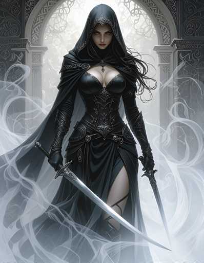 The image depicts a striking female character, likely from a video game or graphic novel, set against a backdrop of an ornate, gray stone archway. She is adorned in a long, flowing black dress with a high slit on her left leg, revealing her bare skin. Her attire includes a black corset-like top that accentuates her chest, and a black cloak that drapes elegantly over her shoulders. The character's long, dark hair cascades down, and she wears a hood that partially obscures her face, adding to her mysterious aura. Her lips are painted a vivid red, contrasting sharply with her pale skin. She wields two long silver swords, one in each hand, and a black knife is strapped to her right thigh. The scene is enveloped in swirling white smoke, which adds a dramatic and ethereal quality to the image.