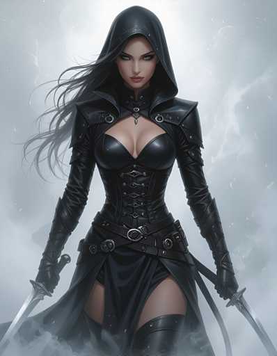 The image depicts a woman dressed in a black outfit with a hood and corset, holding two swords crossed in front of her chest. The background is a light blue color with white clouds scattered throughout the sky.