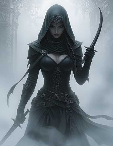 The image depicts a striking female character, likely from a video game or animated series, set against a foggy, gray background. She is adorned in a black leather dress that accentuates her figure, featuring a corset laced up to her chest and a hood with intricate designs. Her outfit includes long gloves that extend to her elbows, and a flowing skirt that reaches her knees. The character's face is pale with dark eyes and lips, and she has long black hair cascading down her shoulders. She wields two swords: one in her right hand, pointing downward, and the other in her left hand, raised with the blade angled upward. The overall scene is shrouded in mist, adding to the mysterious and dramatic atmosphere.