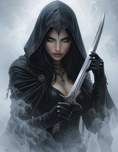 A woman with long dark hair and green eyes is holding a sword in her right hand against a backdrop of white clouds and smoke.