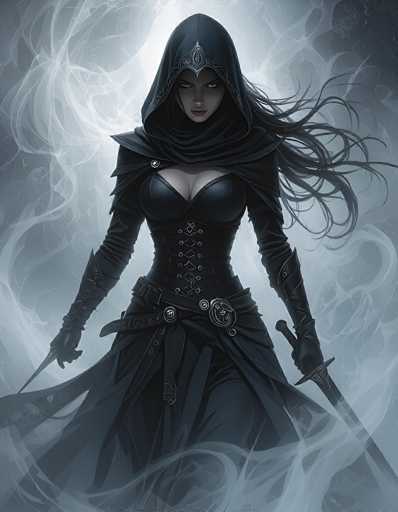 The image portrays a striking female character, possibly from a video game or an animated series, set against a dark gray background. She is adorned in a black leather dress that accentuates her figure, complete with a corset-like bodice and long sleeves. Her attire includes a black hooded cloak that drapes over her head and extends down to her waist, with the hood's edge embellished in silver. The character's long, flowing black hair cascades down her back, adding to her enigmatic presence. She is equipped with a sword in her left hand and a knife in her right, both gleaming with a silver sheen. Her face, framed by the hood, reveals piercing blue eyes and a stern expression, with her lips slightly parted. The overall scene is enveloped in swirling white smoke, enhancing the mystical and dramatic atmosphere surrounding her.