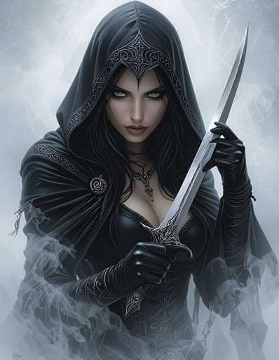 This image depicts a striking, computer-generated female character with an intense, almost supernatural presence. She is adorned in a sleek, black leather dress that accentuates her figure, complemented by matching black gloves. Her long, flowing black hair cascades down, partially obscuring her face, which is framed by a hooded cloak. The cloak features intricate silver designs, adding a touch of elegance to her otherwise dark attire. 

Her eyes are a mesmerizing green, and her lips are painted a bold red, contrasting sharply with her pale skin. Around her neck, she wears a distinctive necklace with a key pendant, adding an element of mystery to her persona. In her hands, she wields a long, silver sword, its blade gleaming menacingly. 

The background is a swirling mix of white and gray smoke, enhancing the ethereal and ominous atmosphere surrounding her. The overall composition suggests she is a formidable warrior, possibly a vampire or another mystical entity, poised for battle.