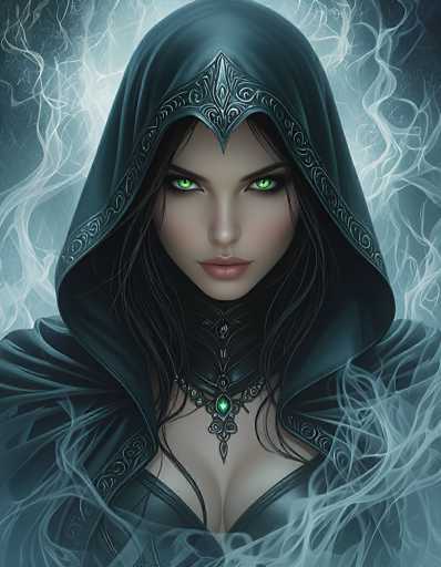 This detailed illustration depicts a young woman with long, dark hair and striking green eyes, staring directly at the viewer. She is adorned in a black leather corset and a matching black leather cloak, which features intricate silver embroidery along the edges. The cloak's hood, which covers her head, has a pointed center and is embellished with silver metalwork. Around her neck, she wears a distinctive necklace with a green gemstone at its center, flanked by black leather straps. The background is a dark gray, accentuated by wisps of white smoke that swirl around her, adding a mystical aura to the scene. The overall color palette includes shades of black, gray, green, and white, enhancing the eerie and enchanting atmosphere of the image.