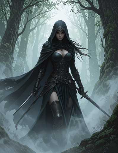 A woman dressed as a witch with long dark hair and a hooded cloak is walking through a forest of trees, holding two swords in her hands.
