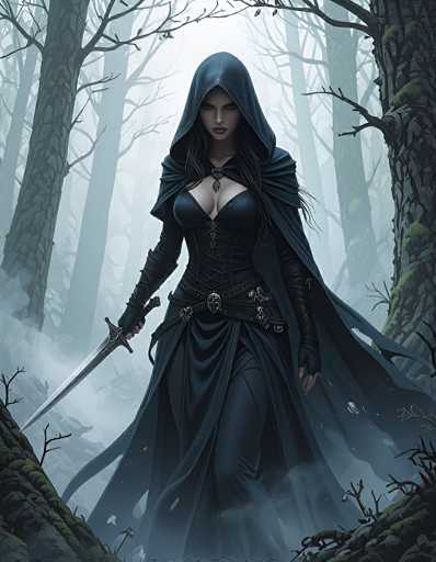 The image depicts a striking, computer-generated female character standing in a dense, foggy forest. She is adorned in a long, flowing black dress with a hood that drapes over her head, complemented by a cape that billows behind her. Her attire includes a black corset with crisscross lacing and a prominent silver buckle at the waist, along with a black belt featuring a heart-shaped buckle. She wears long black gloves that extend to her elbows, and her dress has a slit up the side, revealing black leggings underneath. The character's long black hair cascades down her back, and she has a pale complexion with dark red lips and intense black eyes. She holds a long silver sword in her right hand, pointed downward. The forest around her is filled with tall, bare trees, their branches reaching out in various directions, and the ground is covered in green moss. The scene is enveloped in a thick fog, creating an eerie and mysterious atmosphere.