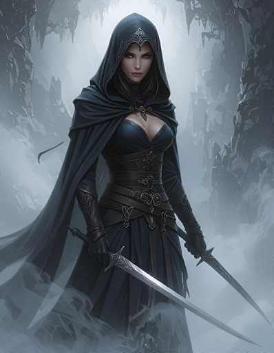 The image depicts a striking female character, possibly from a video game or animated series, set against a backdrop of a dark, cavernous cave with jagged rock formations and swirling fog. She is adorned in a long, flowing black cloak that extends to the bottom of the image, partially obscuring her feet. Underneath the cloak, she wears a form-fitting black dress with a plunging neckline, revealing some cleavage, and is accentuated by multiple brown leather belts and straps that wrap around her torso and waist. Her arms are clad in black gloves, and she wields two long, silver swords, one in each hand. Her face, framed by long black hair, is marked by a serious expression, with dark eyes and red lips. A distinctive black headpiece, resembling a crown or tiara, sits atop her head, adding to her imposing presence. The overall color palette of the image is dominated by shades of black, gray, and white, with subtle hints of blue and red, enhancing the dramatic and mysterious atmosphere.