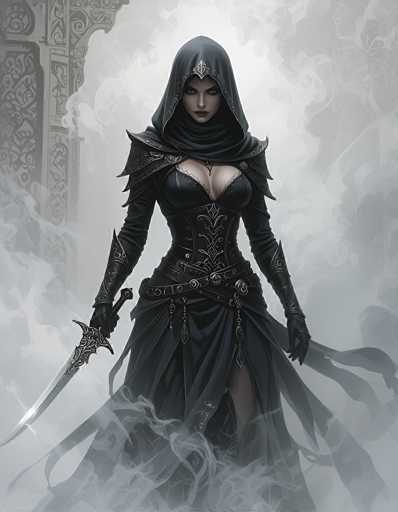 The image depicts a striking female character, possibly from a video game or a fantasy setting. She is adorned in a black leather dress with intricate designs, including a corset-like top that accentuates her bust. Her attire is complemented by long gloves that extend to her elbows, and a hood that drapes over her head, revealing only her face. The character's expression is stern and menacing, with a hint of red lipstick adding to her fierce demeanor. She holds a large, ornate sword in her right hand, which is pointed downward. The background is filled with swirling smoke, creating an atmospheric and mysterious ambiance. Behind her, there appears to be a stone archway or doorway, adding to the ancient and enigmatic feel of the scene. The overall color palette is dominated by shades of black, gray, and white, with subtle hints of red, enhancing the dramatic and intense mood of the image.