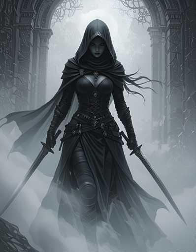 The image depicts a striking female character, possibly from a video game or movie, standing in a dramatic, gothic setting. She is adorned in an elaborate black outfit, featuring a corset-like top, a flowing cape, and a hood that drapes over her head. Her attire is complemented by black gloves and a belt with multiple buckles around her waist. The character wields two swords, one in each hand, and her face is partially obscured by shadows, with only her eyes and nose visible, giving her a mysterious and menacing appearance. She stands in front of a grand, ornate archway, which is partially shrouded in fog, adding to the eerie atmosphere. The background is predominantly black and white, with shades of gray, enhancing the gothic and dark fantasy vibe of the scene.