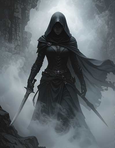 The image depicts a striking female assassin, exuding an aura of mystery and danger. She is adorned in a sleek black leather dress, complemented by a matching black leather cloak that drapes elegantly over her shoulders. Her face is partially obscured by a hood, revealing only her intense, piercing eyes that seem to hold secrets of her craft. In her right hand, she wields a formidable sword, while her left hand grips a long rifle, showcasing her readiness for combat. The background is shrouded in a dense fog, adding to the enigmatic atmosphere. Behind her, a stone wall looms, suggesting the confines of a castle or fortress. The ground beneath her feet is uneven, with rocky terrain visible in the bottom left corner of the image. The overall scene is rendered in monochromatic tones of black, white, and gray, enhancing the dramatic and somber mood of the composition.