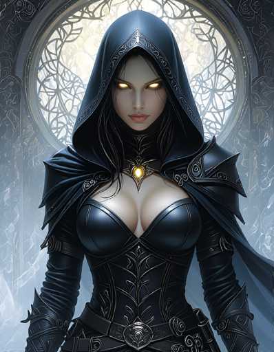 The image depicts a striking female character, possibly from a video game or an AI-generated creation. She is adorned in a sleek black leather outfit that accentuates her figure, particularly her large breasts. Her attire includes a corset-like top and matching leather pants, complemented by a black leather belt with a prominent silver buckle. Her arms are covered in black leather sleeves, and she wears a dramatic black leather hood that drapes over her head and back. The hood features intricate silver trim, adding a touch of elegance to her otherwise fierce appearance.

Her eyes are a mesmerizing golden yellow, glowing intensely and giving her an almost supernatural aura. Her lips are painted a bold red, contrasting sharply with her pale skin. Around her neck, she wears a striking silver necklace with a large yellow gemstone at its center, adding a touch of opulence to her ensemble.

The background is a blend of light blue and white hues, creating a soft, ethereal atmosphere. Behind her, there is a circular window with a black frame, adorned with intricate silver designs. The window itself is filled with a pattern of light blue and white, enhancing the mystical and otherworldly feel of the scene.