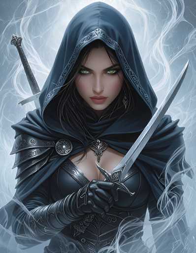 This detailed illustration depicts a formidable female warrior, exuding an aura of mystique and power. She is adorned in a dark blue hooded cloak, intricately detailed with silver embroidery along the edges, which drapes elegantly over her head and shoulders. Beneath the cloak, she wears a form-fitting black leather bodysuit, complete with matching gloves that extend up to her elbows, and a silver necklace that adds a touch of regality to her ensemble.

Her long, dark hair cascades down, framing her face, which is highlighted by striking green eyes and full lips painted in a soft pink hue. Her expression is intense, with a gaze that seems to pierce through the viewer. In her right hand, she wields a long, silver sword, its blade gleaming menacingly. A second sword is strapped to her back, hinting at her readiness for battle.

The background is a swirling mix of white and gray, creating an ethereal, almost smoky effect that enhances the dramatic atmosphere of the scene. The overall composition is a vertical rectangle, with the warrior positioned centrally, drawing the viewer's eye directly to her commanding presence. The image is devoid of any text, allowing the visual elements to speak for themselves.