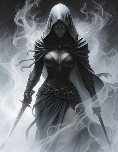 The image depicts a striking female character, possibly from a video game or comic book, rendered in a detailed black and white style. She stands at the center of the frame, exuding an aura of mystery and power. Her face is partially obscured by shadows, with only her intense, glowing eyes visible, giving her an almost supernatural appearance. She wears a black hooded cloak that drapes over her head and shoulders, adding to her enigmatic presence.

Her attire is a form-fitting black leather outfit that accentuates her curves, particularly her large breasts. The outfit includes a corset-like top and a long skirt that reveals her left leg, adding a touch of allure. She holds two long, ornate swords, one in each hand, with the blades pointing downward. The background is a dark gray, filled with swirling white smoke that adds to the ethereal and ominous atmosphere surrounding her. The overall composition is vertical, emphasizing the character's tall and imposing figure.
