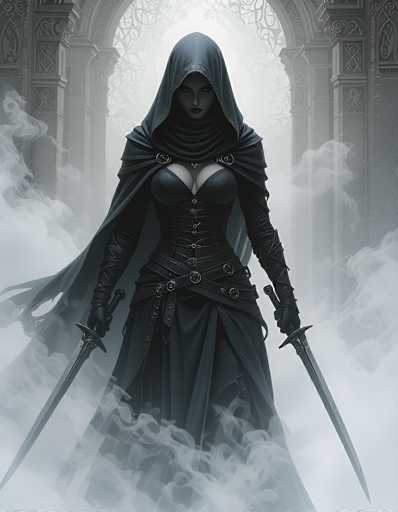 The image depicts a striking black and white illustration of a woman who appears to be a superhero or a warrior. She stands confidently in front of a grand, ornate archway, which is adorned with intricate carvings and illuminated by a bright light from behind. The archway is flanked by two imposing columns, adding to the majestic atmosphere. 

The woman is dressed in a form-fitting black outfit that accentuates her curves, including a corset-like top and a flowing skirt. She wears a black hood that drapes over her head, adding an air of mystery to her appearance. Her long black gloves extend up to her elbows, and she wields two swords, one in each hand, with the blades pointing downward. 

Her face is partially obscured by shadows, but her dark eyes and lips are visible, giving her a fierce and determined expression. The illustration is detailed and realistic, capturing the essence of a powerful and enigmatic figure.