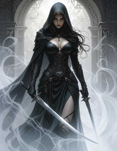 The image depicts a woman dressed in a black outfit with long hair and holding two swords crossed over each other. The background is dark and features an archway or doorway leading into the scene.