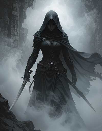 The image depicts a woman dressed in a black robe and hooded cloak, holding two swords and standing amidst a foggy landscape with stone walls and towers in the background.