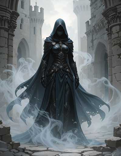 The image depicts a striking female character, possibly from a video game or a fantasy setting. She stands in the center of a stone courtyard, flanked by two imposing stone buildings with large archways. The character is adorned in a dark, intricate ensemble that includes a black leather bodysuit, a flowing black cape, and a hood that obscures her face, revealing only her nose and mouth. Her attire is accentuated with black leather gloves, a belt, and a skirt-like garment that extends to her knees. Surrounding her are wisps of white smoke, adding an ethereal quality to the scene. The overall color palette of the image is dominated by shades of gray, black, and white, enhancing the mysterious and dramatic atmosphere.