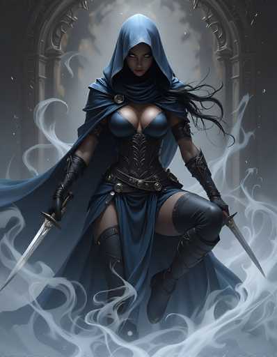 The image depicts a striking female character, possibly from a video game or movie, set against a dark gray background. She stands confidently in a crouched position, with one leg bent and the other straight, her right leg slightly raised. Her attire is a blend of blue and black leather, featuring a blue dress with a matching cape that drapes over her head and flows down to her feet. She wears a blue bra-like top, a black corset with a gold belt, and thigh-high black leather boots. Her long black hair cascades down her back, and her eyes are a piercing white, adding to her enigmatic presence. She holds a silver sword in each hand, with smoke swirling around her feet, enhancing the mystical and powerful aura she exudes. The background includes a large, ornate archway with intricate designs, adding to the dramatic and fantastical setting.