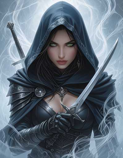 The image depicts a woman with striking green eyes and long dark hair wearing a hooded cape and holding two swords crossed in front of her face. The background is a blend of blue and white colors, creating an ethereal atmosphere that enhances the overall visual impact of the scene.