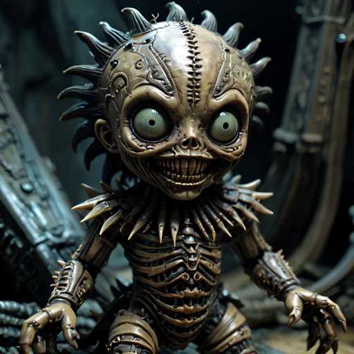 The image shows a creepy-looking robot sculpture with a large head and small body. The robot has a pair of eyes and two mouths, giving it an eerie appearance. It is made from metal and features spikes on its neck and legs, adding to the unsettling look. The background appears to be dark and out of focus, further emphasizing the robot's presence in the scene.