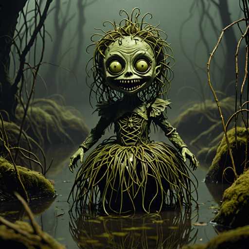 The image depicts a hauntingly eerie scene reminiscent of a horror movie. At the center stands a grotesque, humanoid creature with a greenish-gray complexion. Its face is marked by deep wrinkles and large, bulging yellow eyes that give it a menacing appearance. The creature's mouth is wide open, revealing sharp, jagged teeth that add to its terrifying visage.

The creature's hair is equally unsettling, composed of twisted, stringy strands that seem to be made of the same greenish-gray material as its skin. It wears a dress that appears to be crafted from similar fibers, with a corset-like top and a voluminous skirt that reaches the ground. The dress is adorned with spiky shoulder pads, further enhancing its monstrous look.

The setting is equally foreboding. The creature stands in murky, swamp-like water that reflects its distorted image. Surrounding it are bare, gnarled trees and patches of moss-covered ground, creating a desolate and eerie atmosphere. The overall color palette is dominated by muted greens, grays, and browns, which contribute to the image's chilling and unsettling mood.
