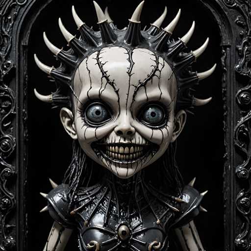 A close-up, high-detail digital painting of a doll-like figure with a grotesque, unsettling aesthetic. The figure is predominantly white and black, with a cracked, porcelain-like texture on its face and body. Its eyes are large, blue, and intensely wide, giving it a vacant or unsettling gaze. The figure has a wide, toothy grin with sharp, pointed teeth and dark, almost black, pupils. 

The head is adorned with a crown of sharp, bone-like protrusions and black, textured hair. The figure's body is clad in a dark, possibly leather or fabric-like garment with spikes and intricate details. The overall style is highly detailed and macabre, reminiscent of a horror doll or a creature from a dark fantasy. The background is a deep black, emphasizing the figure's stark white and contrasting details. The lighting appears to be focused on the figure, highlighting its unsettling features and creating a sense of depth.