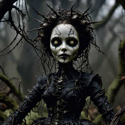 The image depicts a hauntingly beautiful woman with an eerie, almost otherworldly appearance. Her skin is unnaturally pale, accentuated by stark black circles around her eyes, giving her a ghostly visage. Her lips are painted a deep black, adding to her macabre allure. Intriguingly, her hair is styled in a way that resembles a crown, with branches and twigs woven into it, creating an unsettling yet captivating effect. The branches extend from her head, intertwining with her arms and upper body, as if she is a living fusion of human and nature. She is dressed in a black gown that is intricately laced up the front, with the laces extending over her shoulders and down her arms. The gown features a high neckline, adding to its gothic elegance. Her eyes are particularly striking, with a unique coloration that appears to be a blend of yellow and white, further enhancing her supernatural aura. The overall effect is a mesmerizing blend of beauty and horror, making her appear both allure and terrifying.