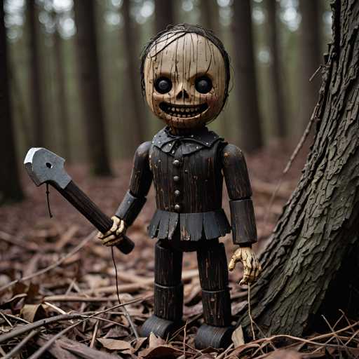 In this eerie photograph, a creepy doll stands ominously in the middle of a dense forest. The doll, with its unsettling appearance, is dressed in a black outfit that resembles a dress, complete with a frilly collar and buttons running down the front. Its head is round and tan, with black eyes that stare blankly ahead, and a mouth filled with teeth. The doll's hair is stringy and black, adding to its creepy demeanor. In its right hand, it grips a black axe with a silver head, poised menacingly. The doll's left hand hangs loosely by its side. The forest setting is dark and foreboding, with a tree leaning against the doll's right side and a thick layer of brown leaves carpeting the ground. The background is filled with more trees, their trunks stretching upwards, creating a canopy that blocks out the light. The doll's black shoes blend into the shadowy surroundings, making it seem as though it has always been there, waiting for unsuspecting victims.