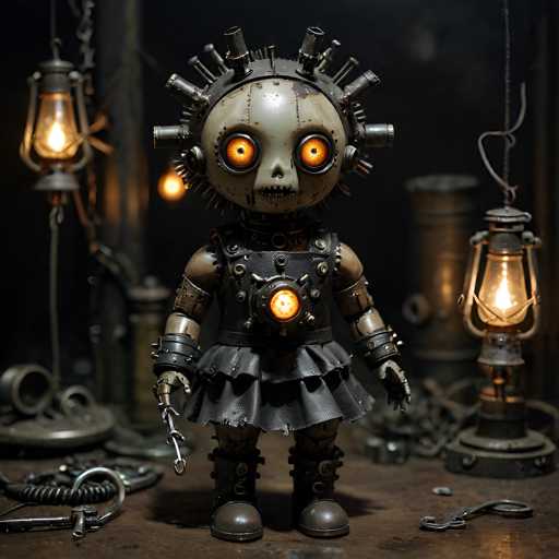 The image depicts a highly detailed, computer-generated scene of a steampunk-inspired robot with a humanoid form. The robot features a large, round head adorned with numerous metal spikes and screws protruding from the top and sides. Its eyes are striking, with bright orange irises and black pupils, giving it a somewhat eerie appearance. The robot's body is primarily gray and metallic, with a black leather skirt and brown boots. A glowing orange light emanates from its chest, adding to its otherworldly presence.

The robot is holding a metal hook in its right hand, which is extended downward. The setting appears to be a dark, cluttered room filled with various metal objects, including pipes, wires, and tools scattered on the floor. Two lit lanterns hang on either side of the robot, casting a warm glow that contrasts with the dim surroundings. The overall atmosphere is one of industrial decay and mechanical intrigue, with the robot standing as a focal point amidst the chaotic environment.