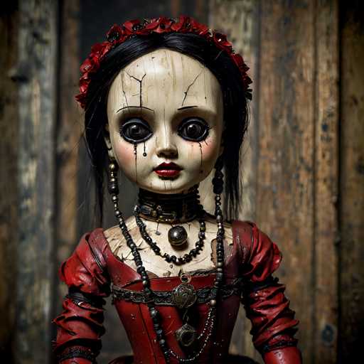 The image depicts a hauntingly beautiful doll with an eerie, almost lifelike presence. Her face is marked by deep cracks that resemble dried blood, adding to her sinister allure. She has large, dark eyes that stare directly at the viewer, and her lips are painted a striking red. Her black hair is adorned with a crown of red roses, enhancing her gothic appearance. She wears long, dangling earrings and a choker necklace with a prominent pendant. Her dress is a vibrant red, though it appears tattered and worn, with black streaks running down the fabric. The doll's arms are positioned at her sides, and she stands against a backdrop of a wooden wall, which adds to the overall eerie atmosphere of the scene.