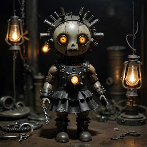 The image depicts a small robot doll with a black and gray color scheme, standing on a wooden table surrounded by various tools and equipment. The doll is wearing a black dress and has a yellow light on its head, giving it an eerie appearance. In the background, there are two lanterns hanging from the ceiling, one of which is lit up, adding to the overall atmosphere of the scene.