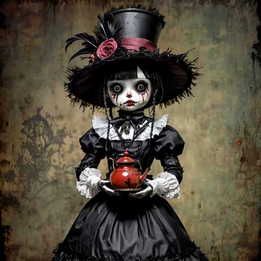 A doll dressed as a witch stands against a dark green background with a red rose on her head and a black top hat. The doll is holding a teapot in one hand and a cup in the other.