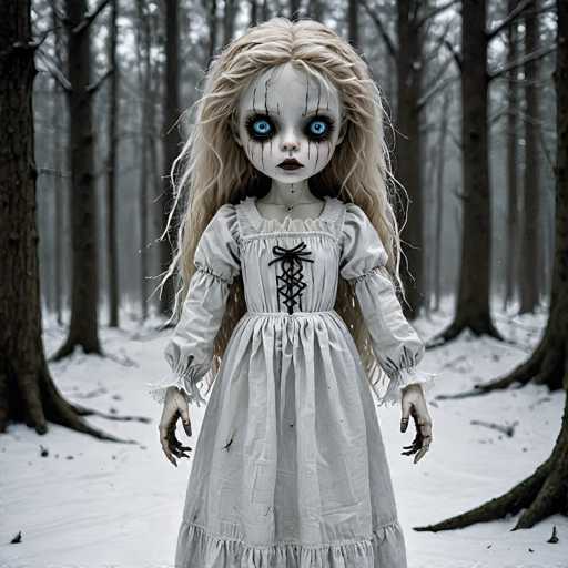 A creepy, doll-like figure stands in a snow-covered forest. The figure is pale and has large, glowing blue eyes, with dark, stitched lips and a white dress. The figure's long blonde hair is wild and unkempt, and its hands are skeletal with sharp claws. The background is a blurred forest of bare trees, suggesting a cold and desolate environment.